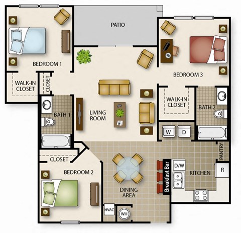 Floor plan for 3 beds, 2 baths, 1079 sqft